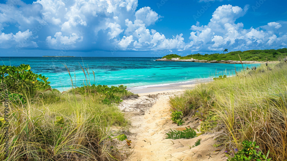 A sandy path leading to a secluded beach with turquoise waters.