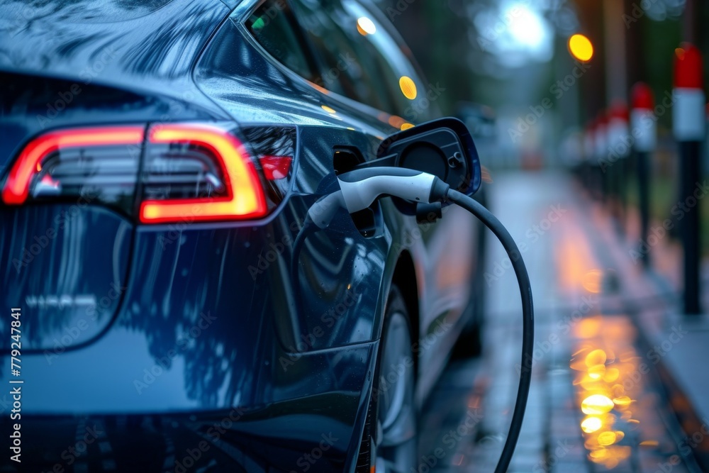 An electric car receives its charge on a city street during evening hours, illuminated by ambient street lights An electric car receives its charge on a city street during evening hours, illuminated by ambient street lights