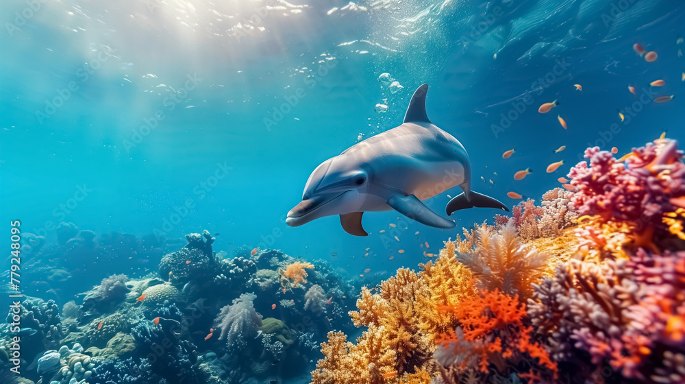 Dolphins with group of colorful fishes and marine animals with colorful corals underwater in the ocean. Dolphins with group of colorful fishes and marine animals with colorful corals underwater in the ocean.