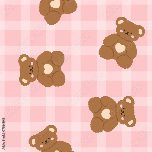 Pink cute kawaii teddy bears with grid texture background, kids seamless pattern background for girl. Wrapping paper childish design, fabric and textile print