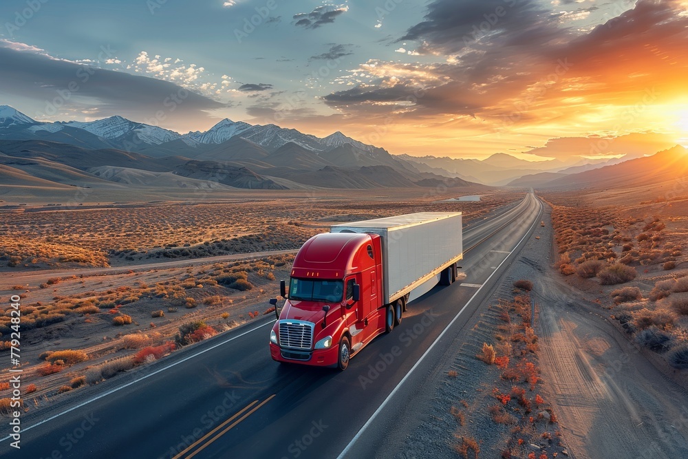 A red semi truck heading towards the mountains on a desert road during a picturesque sunset The image captures the essence of long-haul transportation