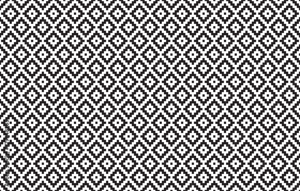 Seamless geometric diamond rhombus pixel vector texture pattern, ethnic black and white seamless pattern