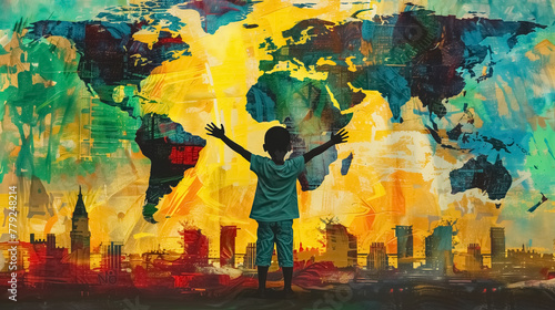 International Day of African Child. African child standing near world map with open hands