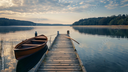 A rustic wooden pier extending into a calm lake, with a rowboat tied to its post. photo