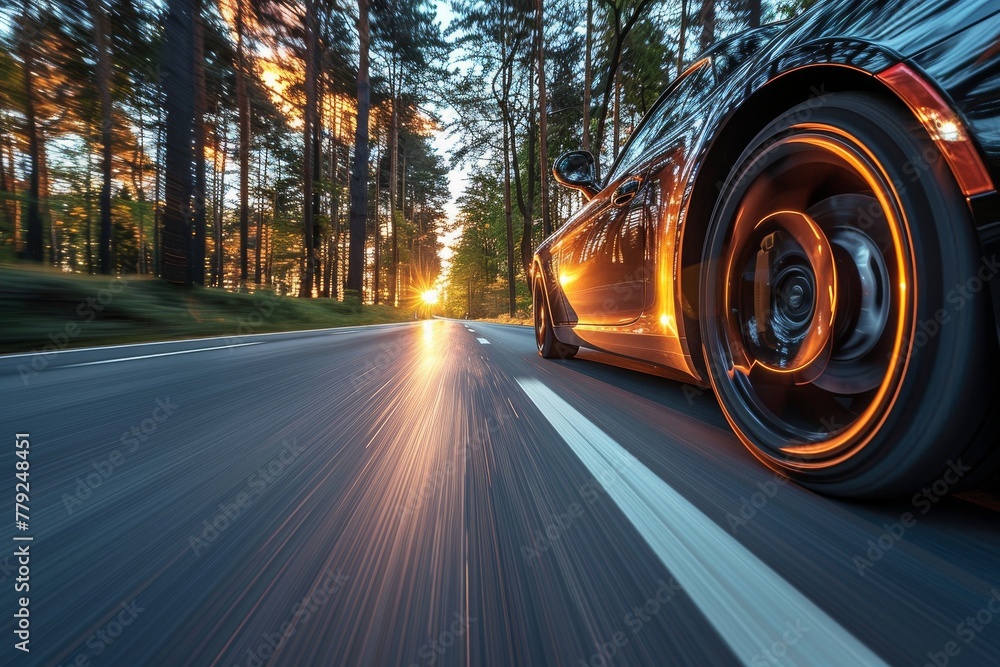 Striking image of an orange sports car speeding on a forest road, with trees and sunlight highlighting its sleek design