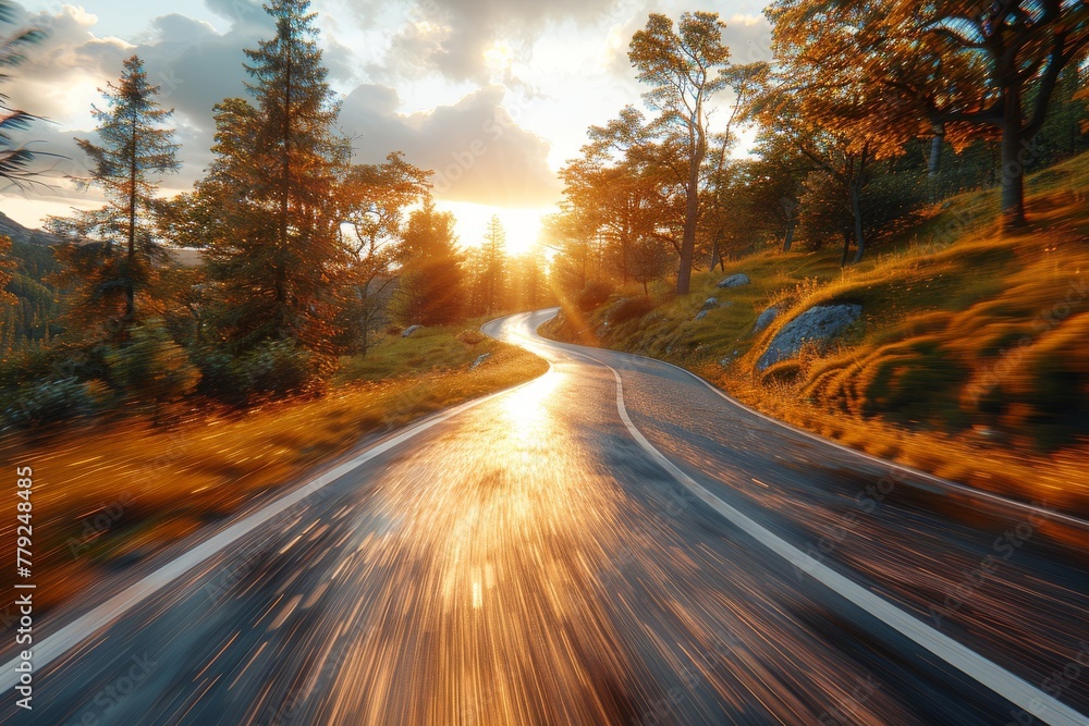 Peaceful yet invigorating picture of a winding road bathed in sunset light, surrounded by lush nature