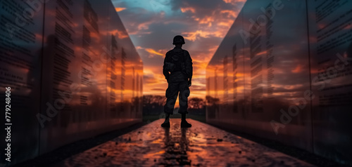 Soldier on Memorial Day giving an honor. Silhouette of. soldier in Memorial Day. photo