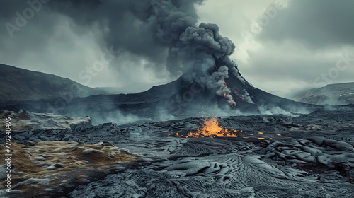 Dramatic volcanic eruption, view of volcano eruption from above