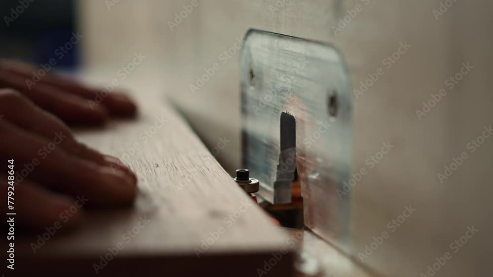 Woodworker operating spindle moulder to create high quality bespoke joinery for customer commissioned project. Machinist at work performing tasks on wood shaper, shaping materials, camera A close up Woodworker operating spindle moulder to create high quality bespoke joinery for customer commissioned project. Machinist at work performing tasks on wood shaper, shaping materials, camera A close up