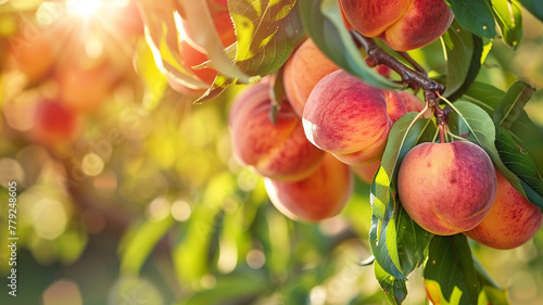 A cluster of ripe peaches hanging from a tree branch, ready to be plucked on a warm summer afternoon. photo