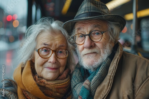 A mature couple wearing glasses showcases a sincere and heartfelt connection as they pose for a photo on a bus
