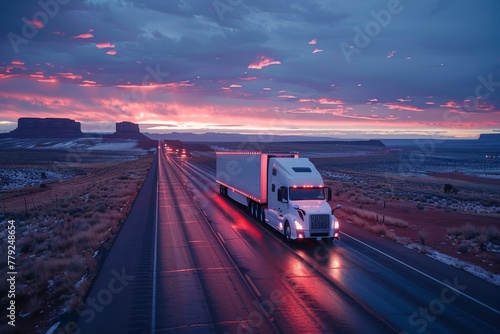 A semi-truck drives along a desolate highway during twilight, with a dramatic sky as a backdrop