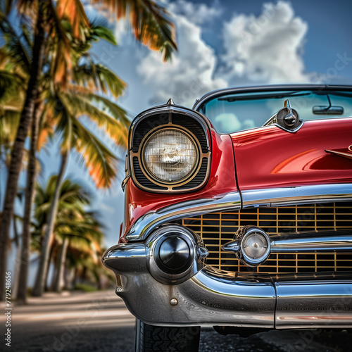 Vintage Classic Car Under Palm Trees in Tropical Locale © HustlePlayground