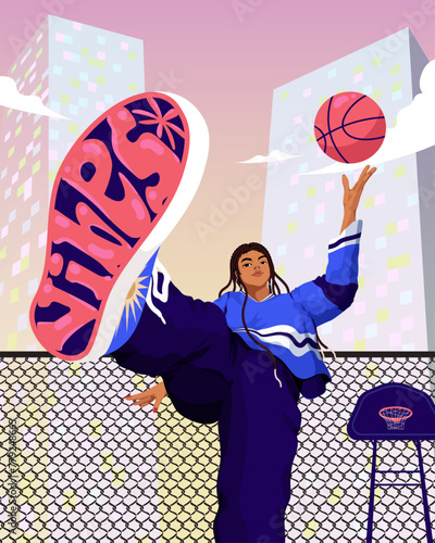 Girl with box braids playing basketball in urban city court