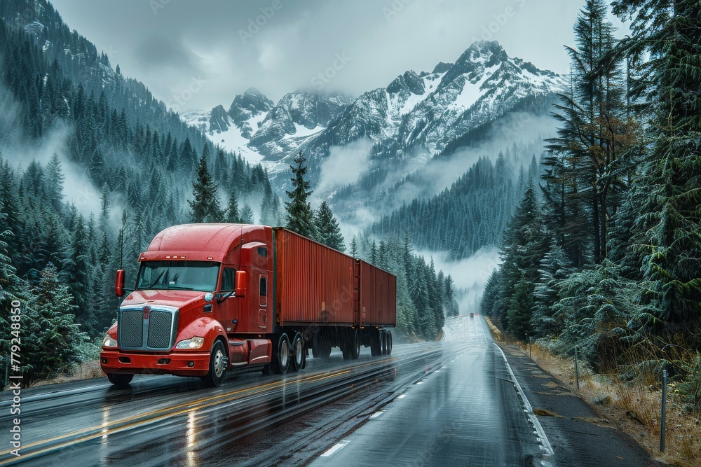 A bright red semi-truck moves along a snow-covered mountain road amidst foggy forested landscape