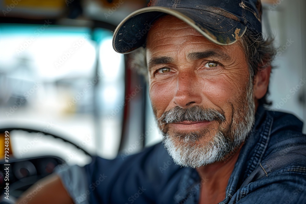 Portrait of a mature truck driver with a friendly smile, wearing a baseball cap and a denim shirt in his cab Portrait of a mature truck driver with a friendly smile, wearing a baseball cap and a denim shirt in his cab