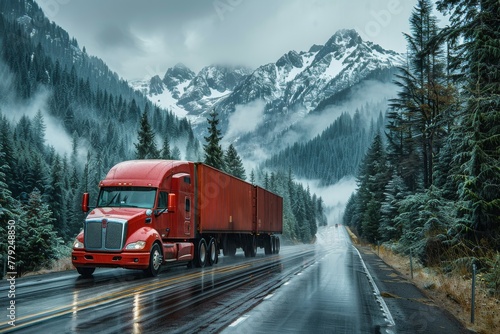 A bright red semi-truck moves along a snow-covered mountain road amidst foggy forested landscape © Larisa AI