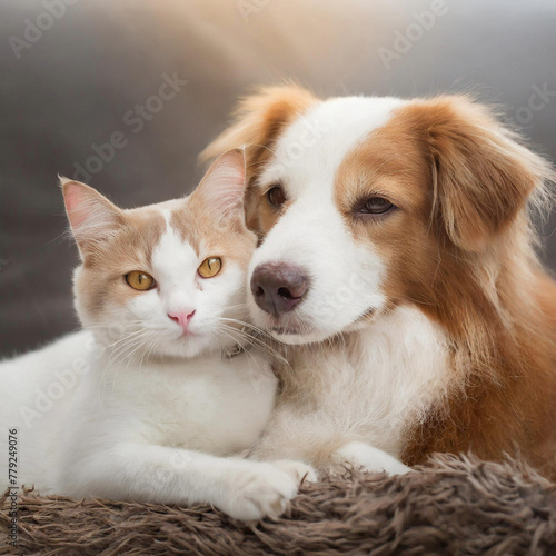 Cat and dog cuddle