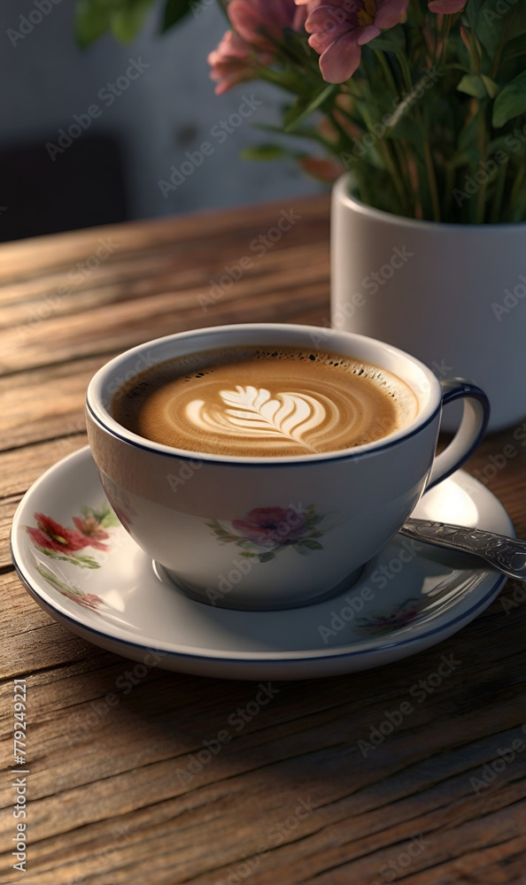 A cup of hot brewed coffee with cream on the table, a vase with flowers in the background A cup of hot brewed coffee with cream on the table, a vase with flowers in the background