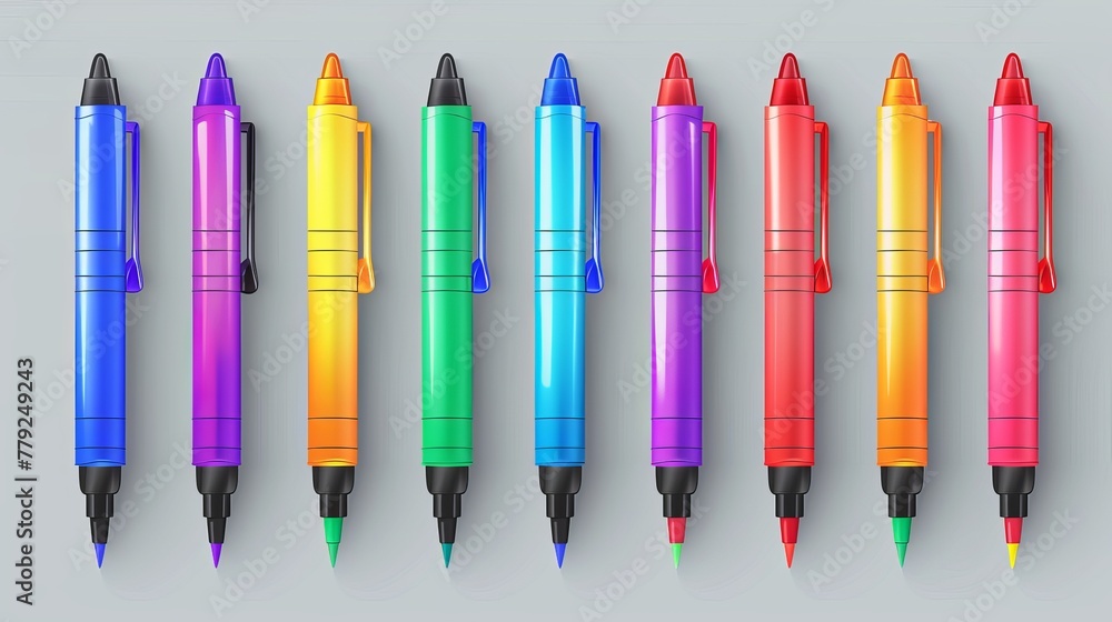 Bright marker pens set in a realistic vector illustration. 3D isolated cliparts pack for kids and artists' pencils. Kids vivid painting tools, various color palette.  - obrazy, fototapety, plakaty 