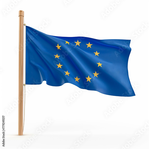 A European Union flag waving on a flagpole isolated on white background. 