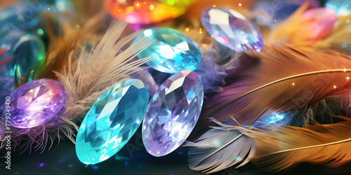 Panorama of colorful feathers and gems.AI generated.	 photo