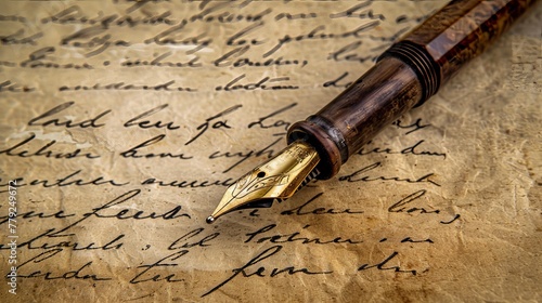 Handwritten letter in vintage fountain pen. Background in old history. Retro style. 