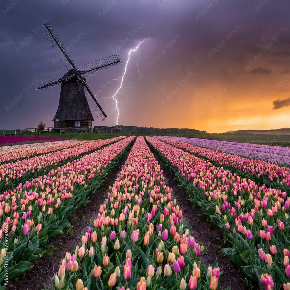 tulip field with windmill