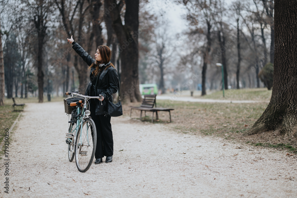 Confident and stylish young businesswoman outdoors with bicycle, pointing into distance at park.