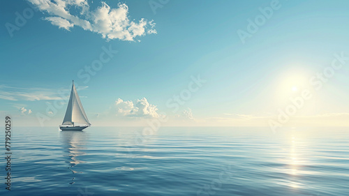 A solitary sailboat drifting peacefully on calm waters under the summer sun.