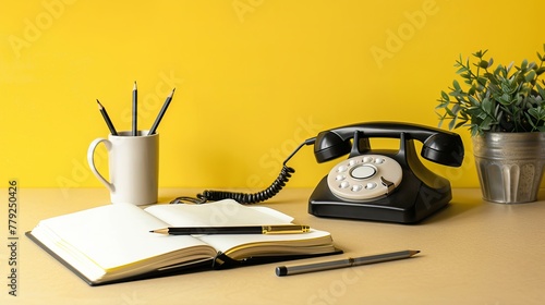 Workspace of opened copybook near cup of pencil and pen with handset off hook of retro stationary telephone against yellow background photo
