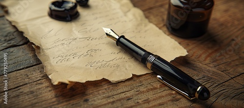 Close-up of a fountain pen being used to write on vintage parchment next to an inkwell at a wooden table