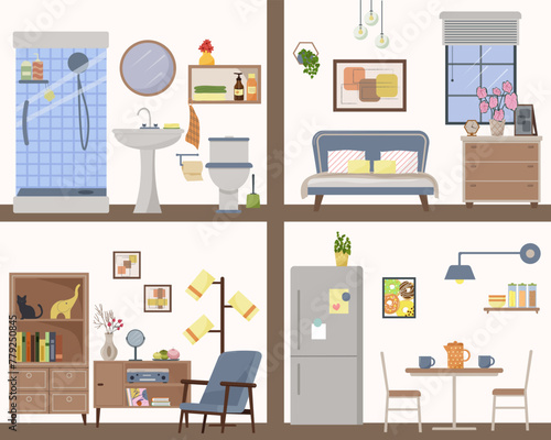 Detailed plan of the apartment inside. Furnished rooms. Living room with armchair, bedroom and kitchen, bathroom with shower. Household items. Furniture icons with fittings. Flat vector illustration.