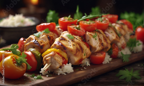 Chicken kebab on a wooden skewer, in a plate with rice and tomatoes