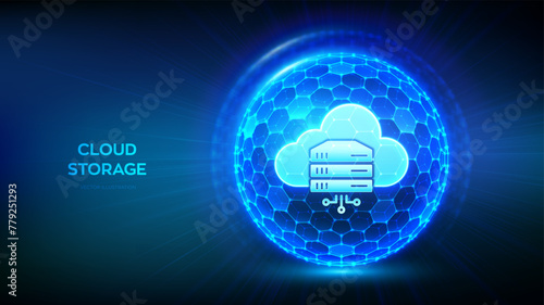 Secure Cloud Storage. Cloud computing online service. Database storage security. Data center protection. Abstract 3D sphere with surface of hexagons with Cloud Storage icon. Vector illustration.