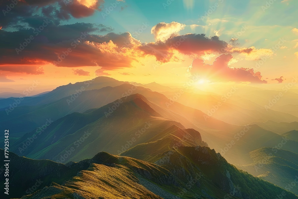 Mountains during sunset. Beautiful natural landscape in the summer time - generative ai