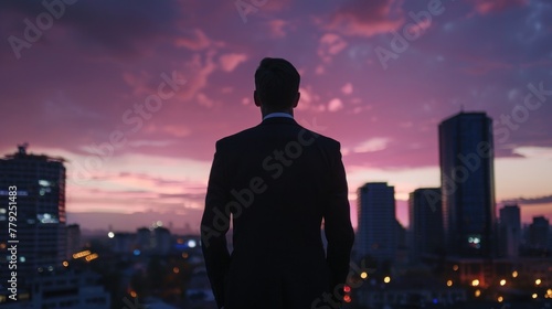Confident businessman standing on the building rooftop while looking at the silhouette © dheograft