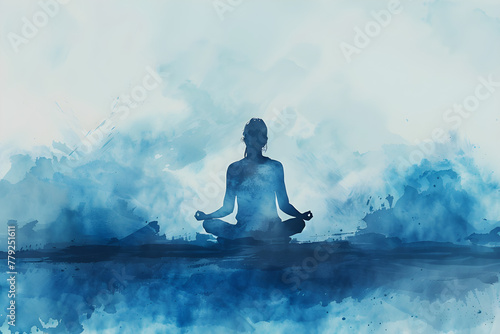 A hand-drawn digital watercolour paint sketch of a calm figure meditating on a calming blue gradient background, representing emotional tranquility during mental health awareness month. photo