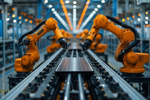 Industrial robot arms precisely sorting and assembling solar panels in a futuristic manufacturing setting