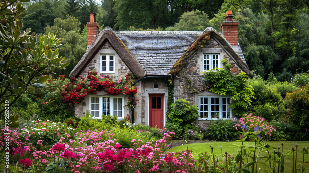 A quaint countryside cottage surrounded by blooming flowers.