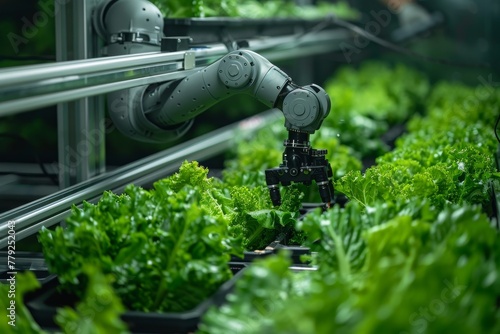 Advanced agricultural robot with intricate machinery working on plant care in greenhouse farm setting