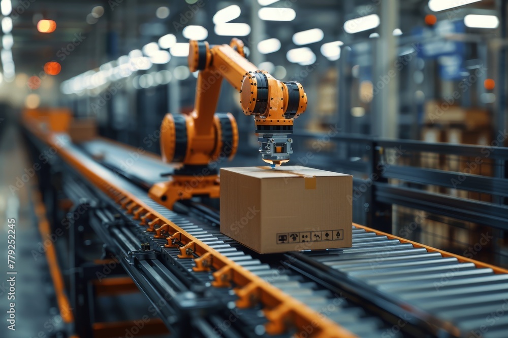 Fototapeta premium Modern facility's robotic arm efficiently handling and packaging items on a dynamic conveyor system
