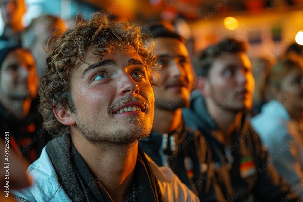 A young and engaged male spectator within a crowd, absorbed by the event happening in front of him, showing enthusiasm