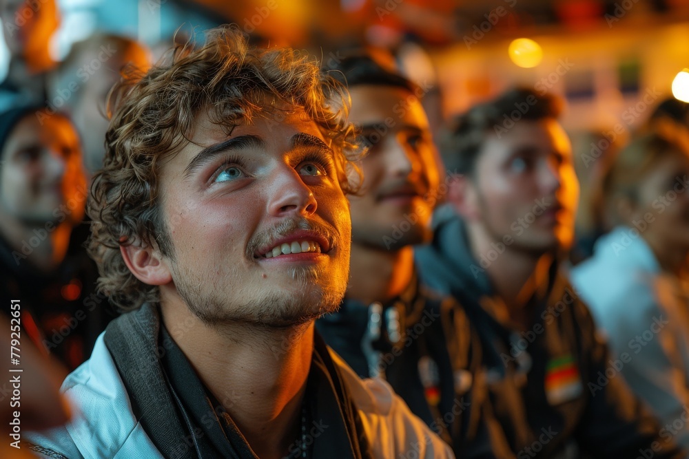 A young and engaged male spectator within a crowd, absorbed by the event happening in front of him, showing enthusiasm A young and engaged male spectator within a crowd, absorbed by the event happening in front of him, showing enthusiasm