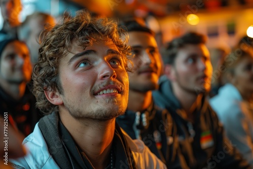 A young and engaged male spectator within a crowd, absorbed by the event happening in front of him, showing enthusiasm © Larisa AI