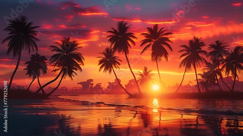 Palm trees silhouettes on tropical beach island at beautiful vivid sunset with clouds AI generated
