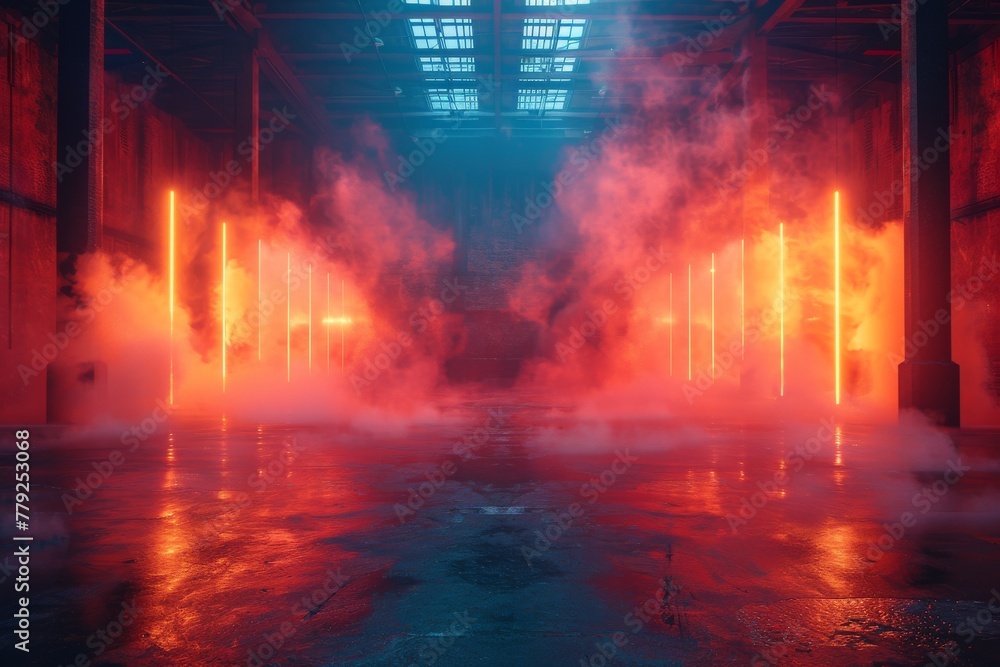 A large industrial hall bathed in a red neon glow amidst swirling smoke, creating a dramatic and intense atmosphere