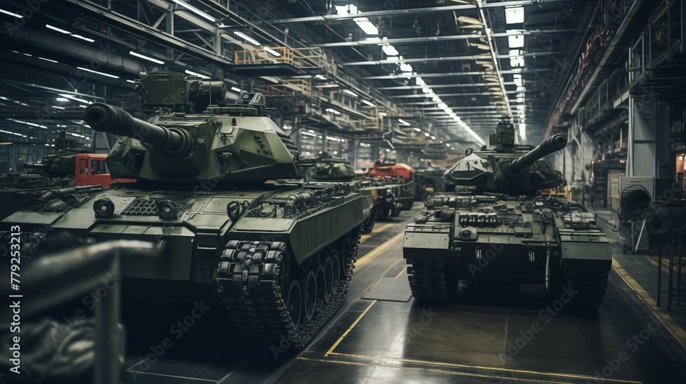 Modern high tech factory producing military tank vehicles in a production line Modern high tech factory producing military tank vehicles in a production line