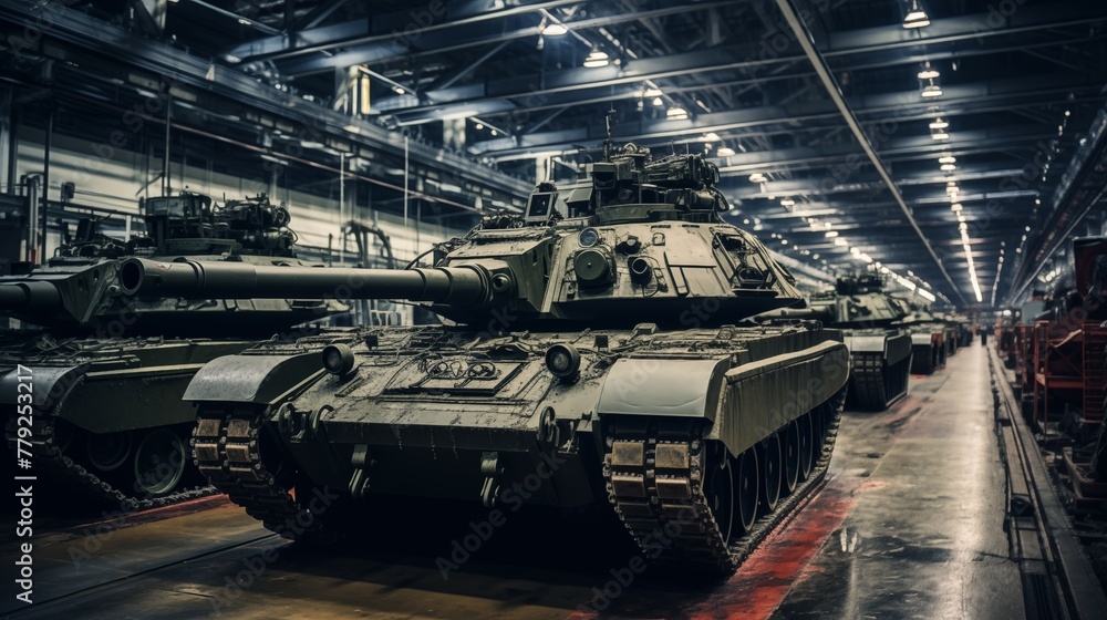 Modern high tech factory producing military tank vehicles in a production line Modern high tech factory producing military tank vehicles in a production line