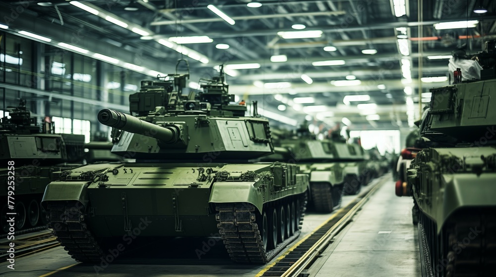 Modern high tech factory producing military tank vehicles in a production line Modern high tech factory producing military tank vehicles in a production line